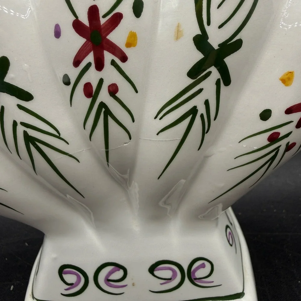 Vintage Ceramic Tulip 5 Finger‎ Vase Hand Painted Floral White Green Portugal